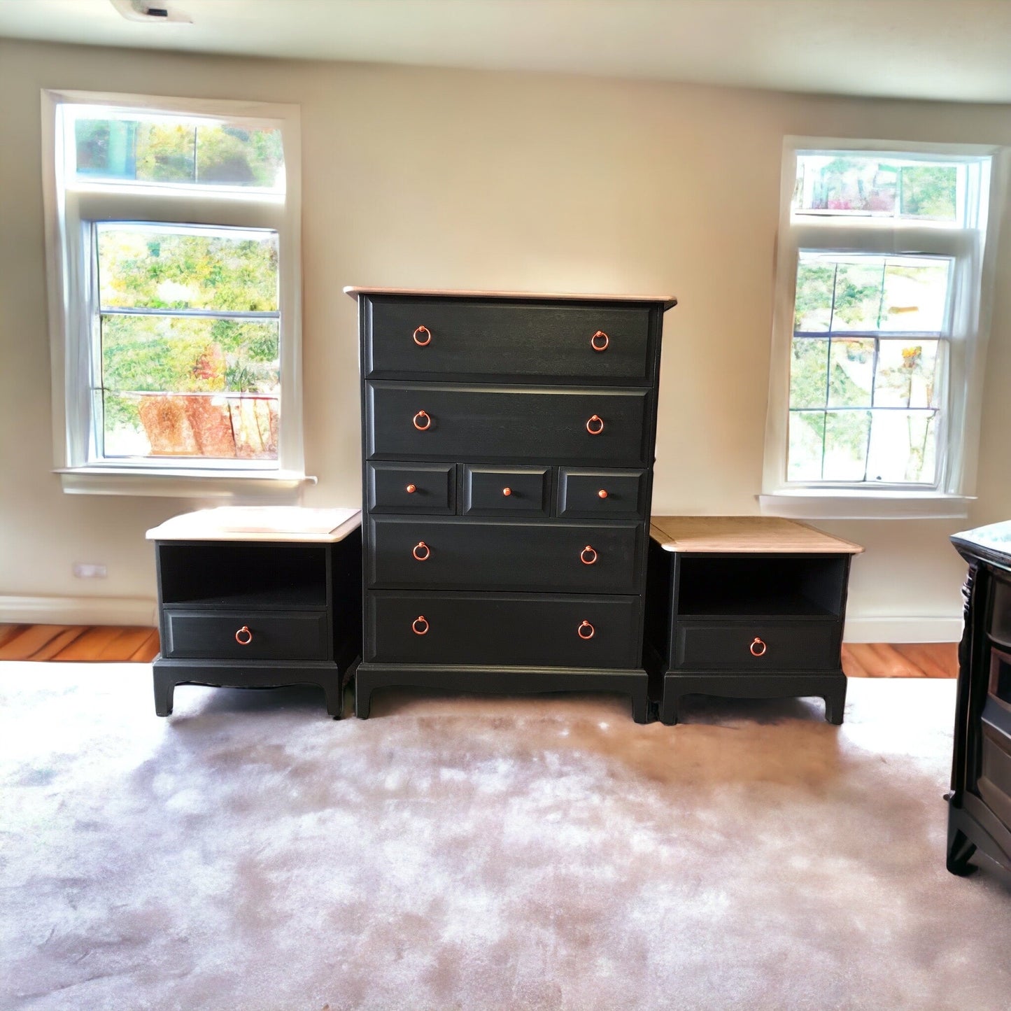 Stag Minstrel Bedroom Furniture Set - x 2 - 1 Drawer Bedsides, x 1 - Tallboy, x 1 - 3 over 2 Chest