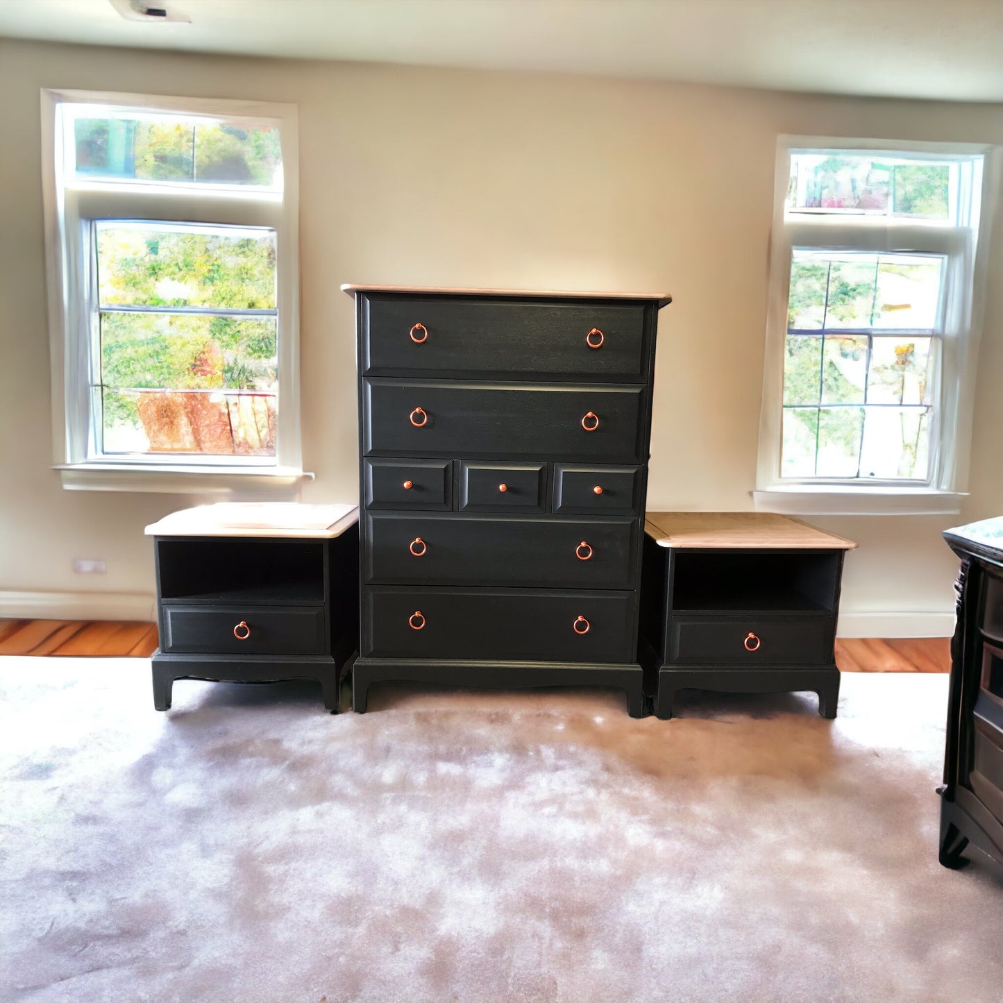 Stag Minstrel Bedroom Furniture Set - x 2 - 1 Drawer Bedsides, x 1 - Tallboy, x 1 - 3 over 2 Chest