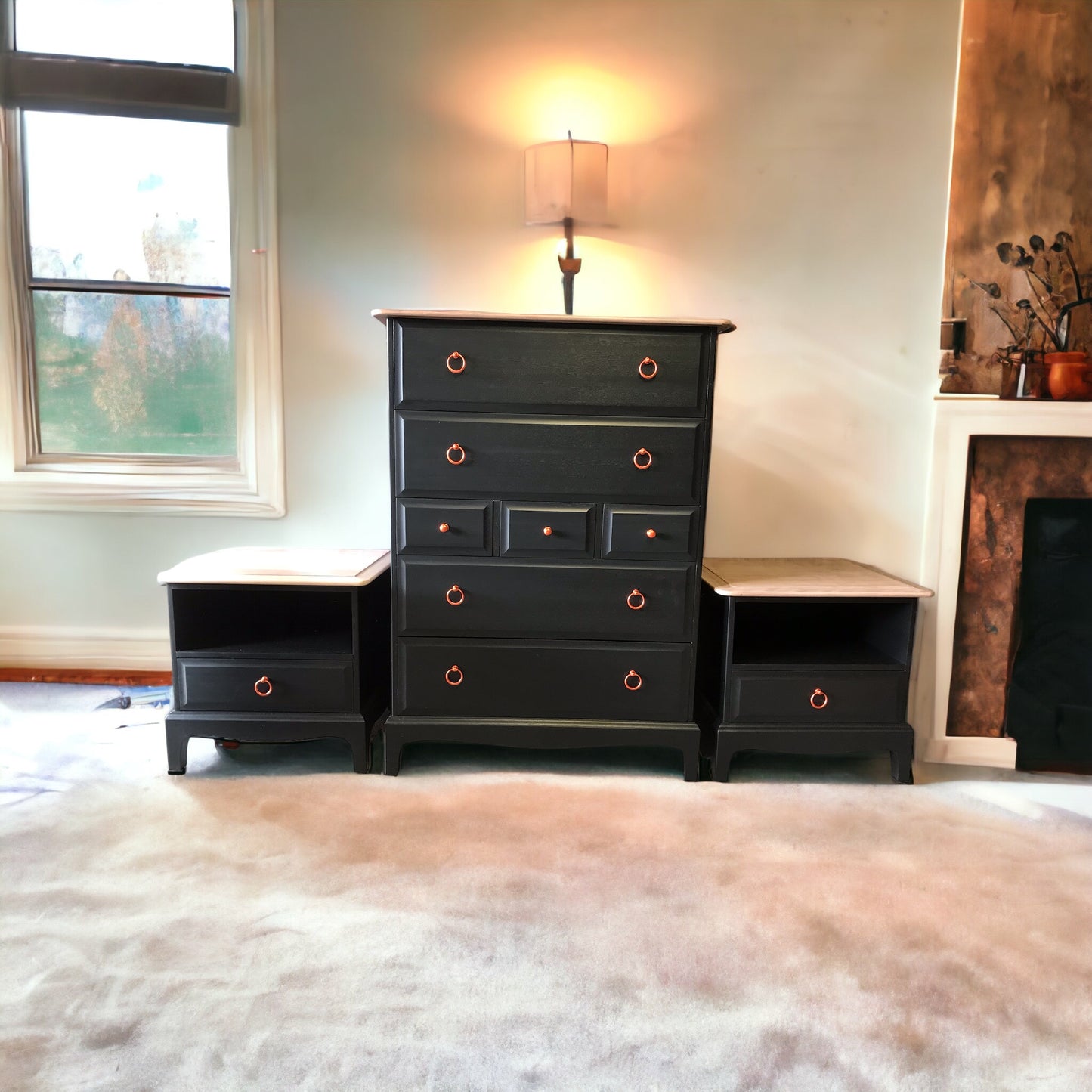 Stag Minstrel Bedroom Furniture Set - x 2 - 1 Drawer Bedsides, x 1 - Tallboy, x 1 - 3 over 2 Chest