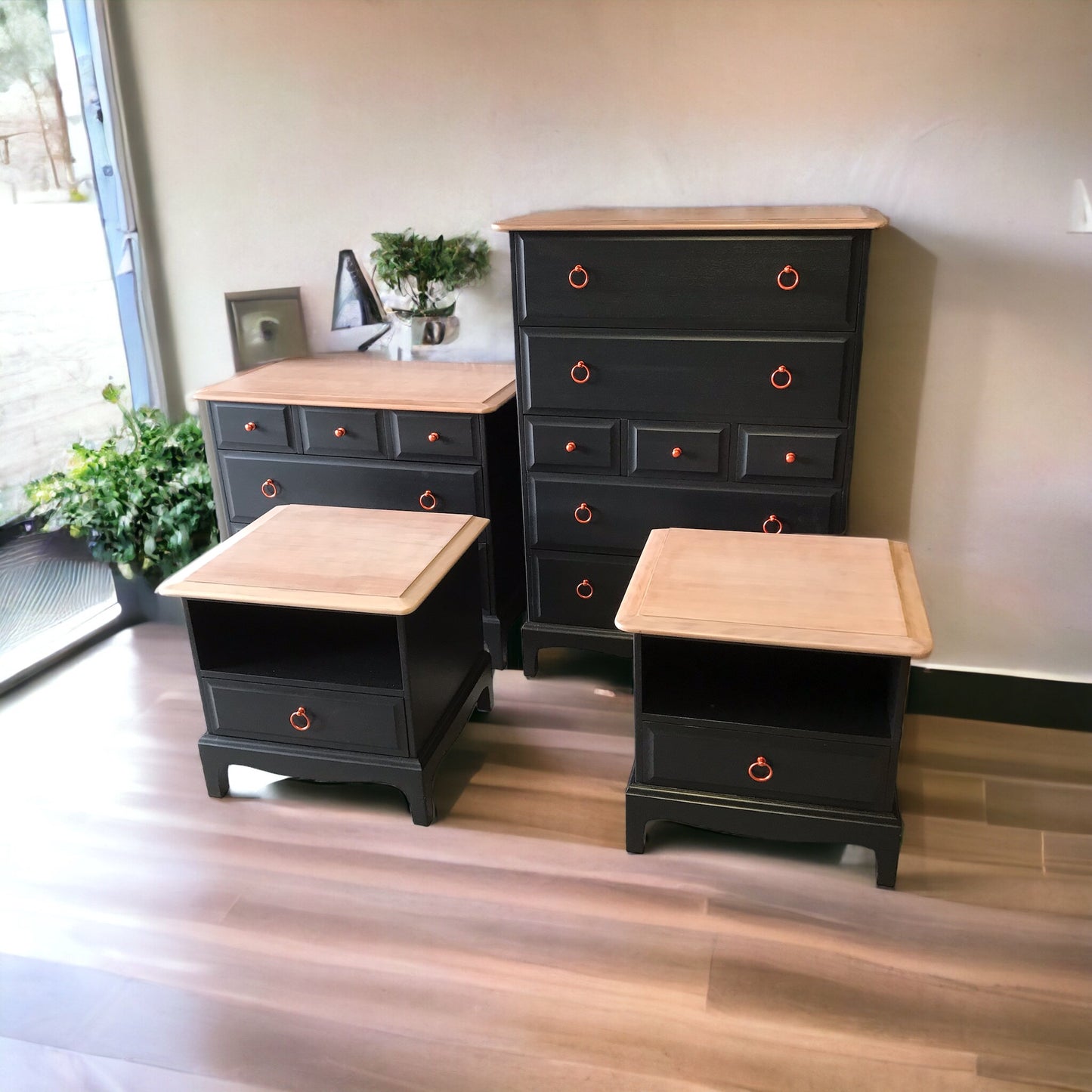 Stag Minstrel Bedroom Furniture Set - x 2 - 1 Drawer Bedsides, x 1 - Tallboy, x 1 - 3 over 2 Chest