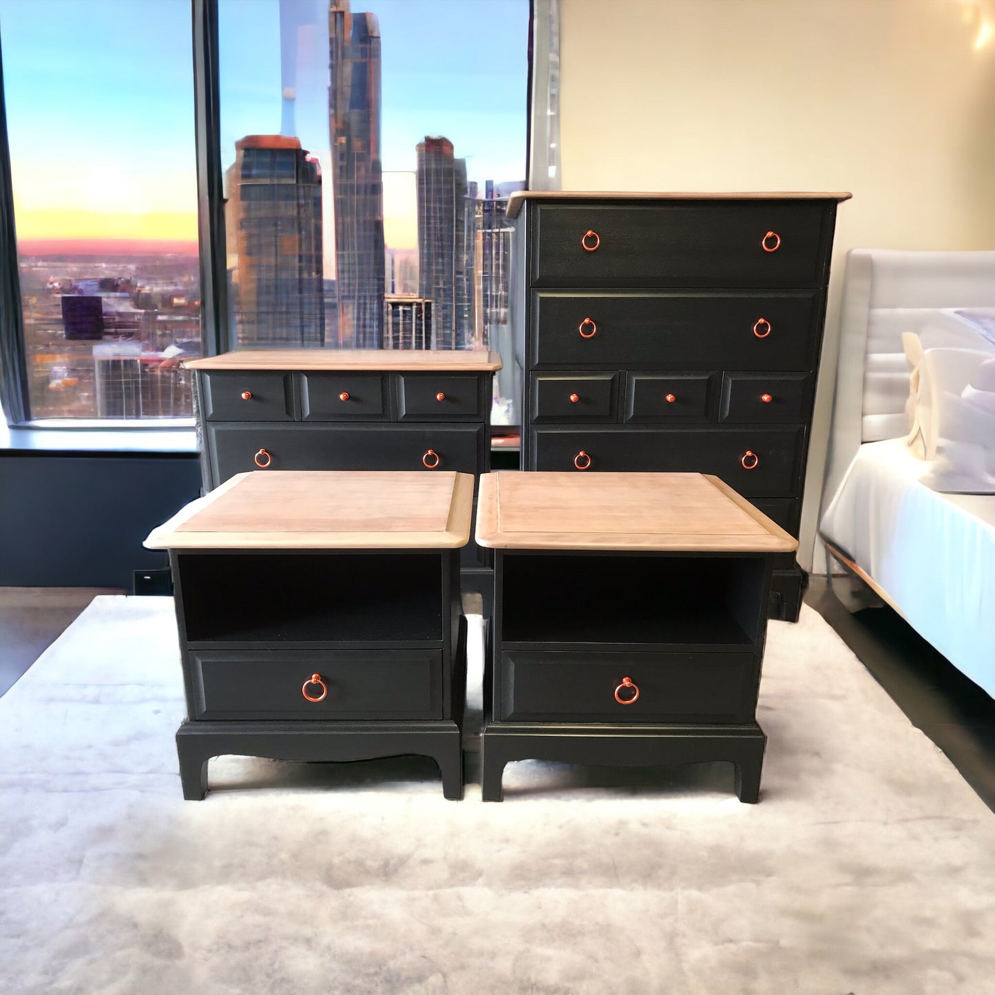 Stag Minstrel Bedroom Furniture Set - x 2 - 1 Drawer Bedsides, x 1 - Tallboy, x 1 - 3 over 2 Chest