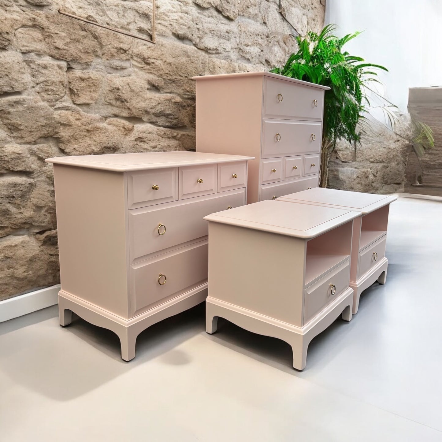 Stag Minstrel Bedroom Furniture Set - x 2 - 1 Drawer Bedsides, x 1 - Tallboy, x 1 - 3 over 2 Chest