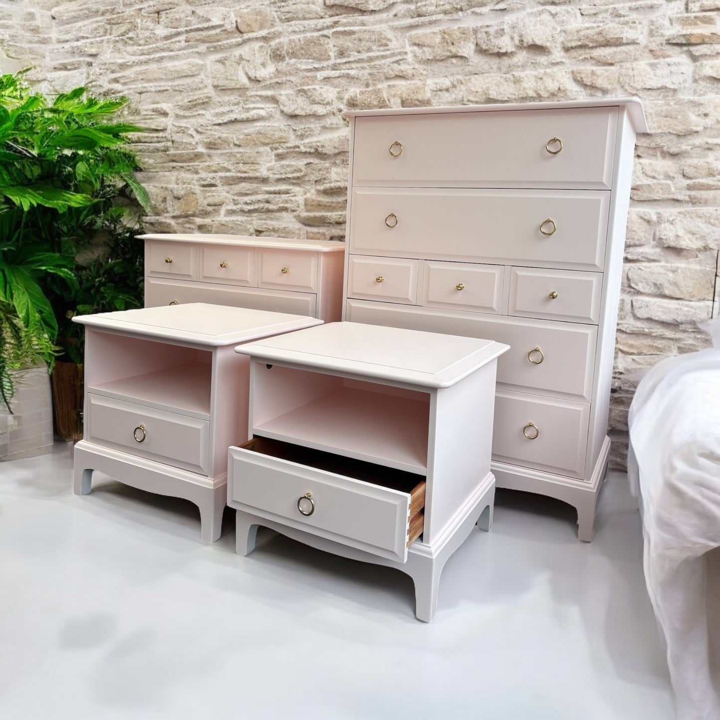 Stag Minstrel Bedroom Furniture Set - x 2 - 1 Drawer Bedsides, x 1 - Tallboy, x 1 - 3 over 2 Chest